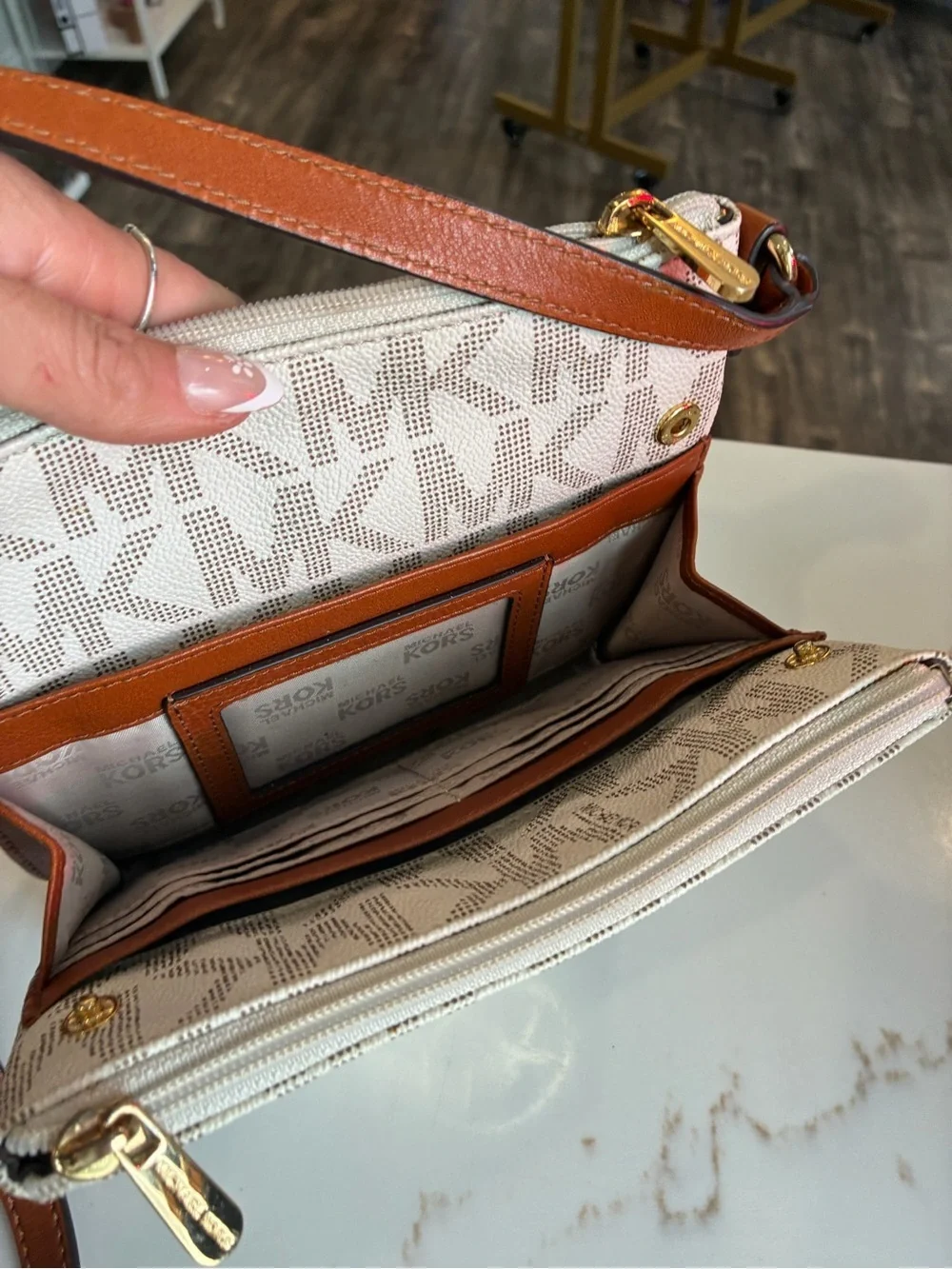Michael Kors Beige Signature Crossbody with Brown Trim and Gold MK Emblem